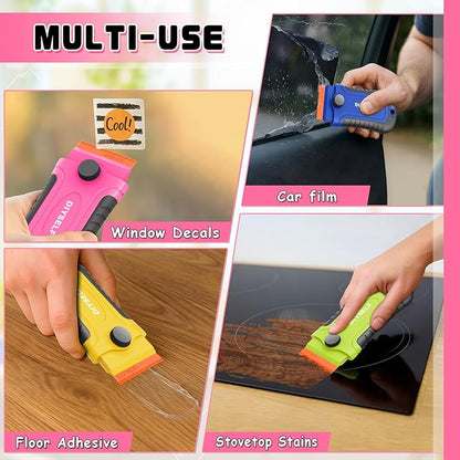 DIYSELF 2 Pcs Plastic Razor Blade Scraper with 10 Pcs Blades, Plastic Scraper Tool for Adhesive Remover, Scrapers for Cleaning Stickers, Decals, Glass, Windows, Car, No Scratches (Blue)