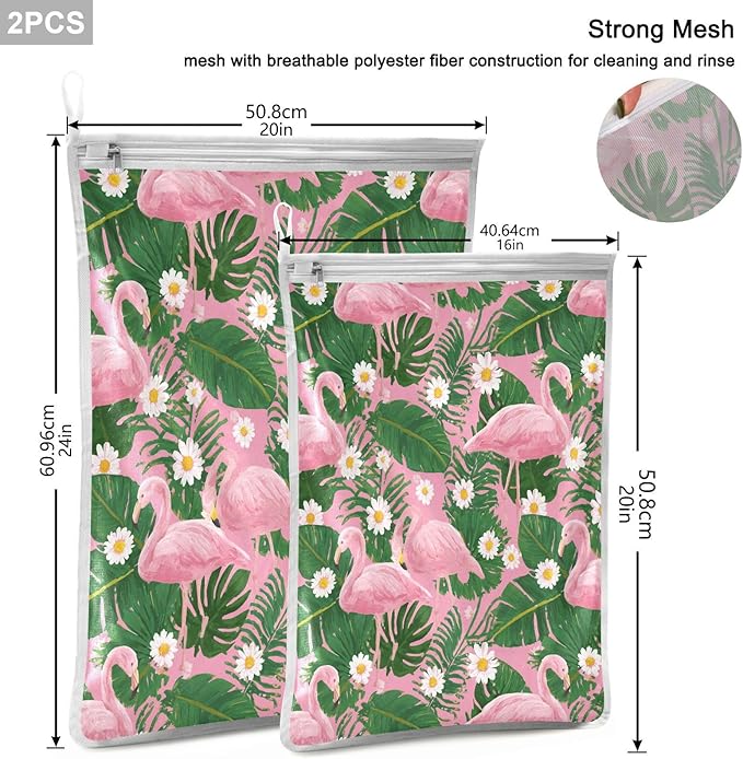 Mesh Laundry Bags Lingerie Bags for Washing Delicates 2 PCS Durable Wash Bag with Zipper Small and Medium Washable Pink Flamingos Palm Leaves and Daisy