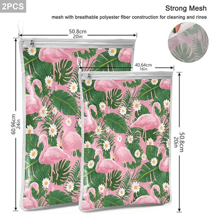 Mesh Laundry Bags Lingerie Bags for Washing Delicates 2 PCS Durable Wash Bag with Zipper Small and Medium Washable Pink Flamingos Palm Leaves and Daisy