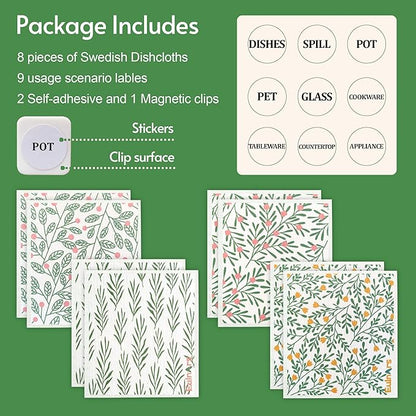 Swedish Dishcloths for Kitchen, 8 Pack Green Reusable Paper Towels with Clips, Non-Scratch Swedish Kitchen Towels, Super Absorbent Cellulose Sponge Cloths, Dishwasher Safe, No Odor