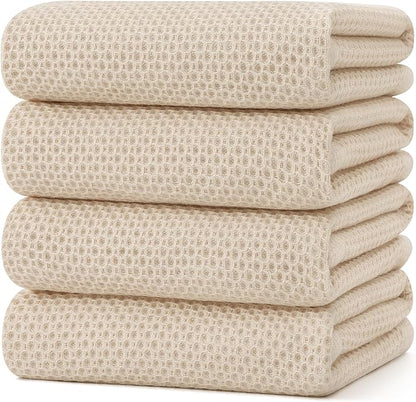 Kitinjoy 100% Cotton Waffle Weave Kitchen Towels (20 X 28 Inches, Beige), 4-Pack Super Soft and Absorbent Dish Towel for Drying Dishes