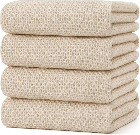 Kitinjoy 100% Cotton Waffle Weave Kitchen Towels (20 X 28 Inches, Beige), 4-Pack Super Soft and Absorbent Dish Towel for Drying Dishes