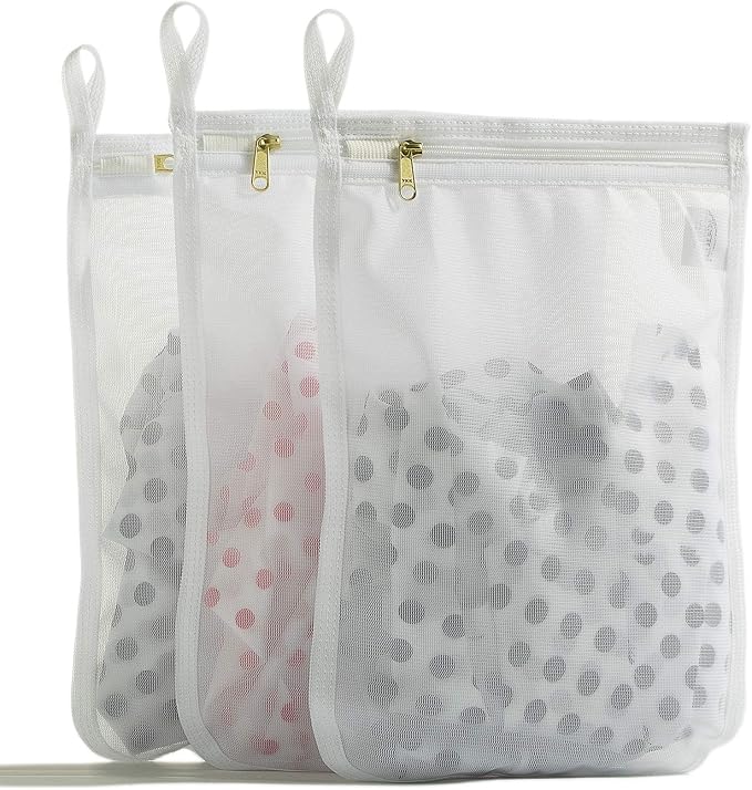 TENRAI Delicates Laundry Bags, Bra Fine Mesh Wash Bag for Underwear, Lingerie, Bra, Pantyhose, Socks, Use YKK Zipper, Have Hanger Loops, Small Openings (White, 3 Small)