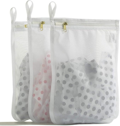 TENRAI Delicates Laundry Bags, Bra Fine Mesh Wash Bag for Underwear, Lingerie, Bra, Pantyhose, Socks, Use YKK Zipper, Have Hanger Loops, Small Openings (White, 3 Small)