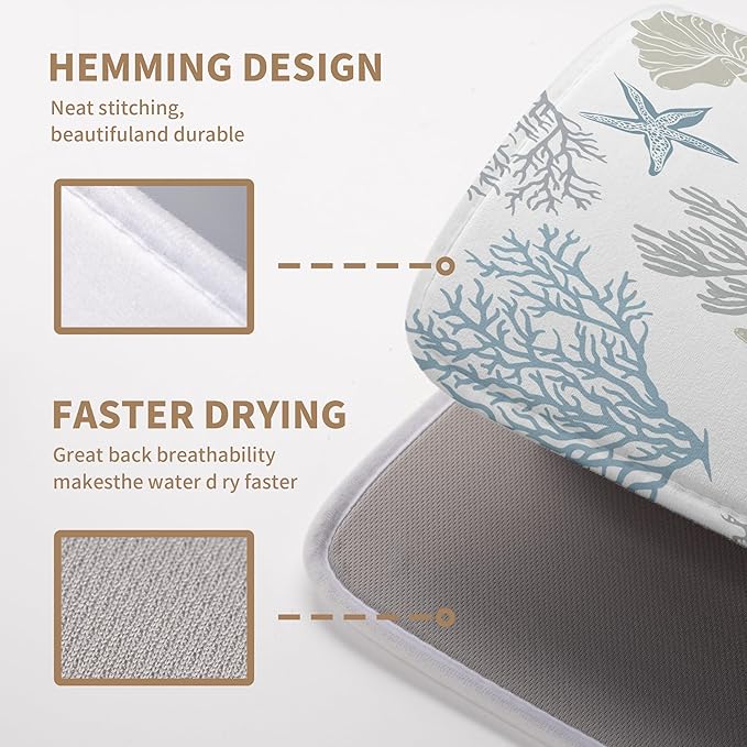 Coastal Dish Drying Mats for Kitchen Counter 18 x 24 Inch Summer Beach Drying Mat Coral Starfish Nautical Dish Rack Mat Ocean Themed Microfiber Absorbent Dish Drying Pad with Hanging Loop