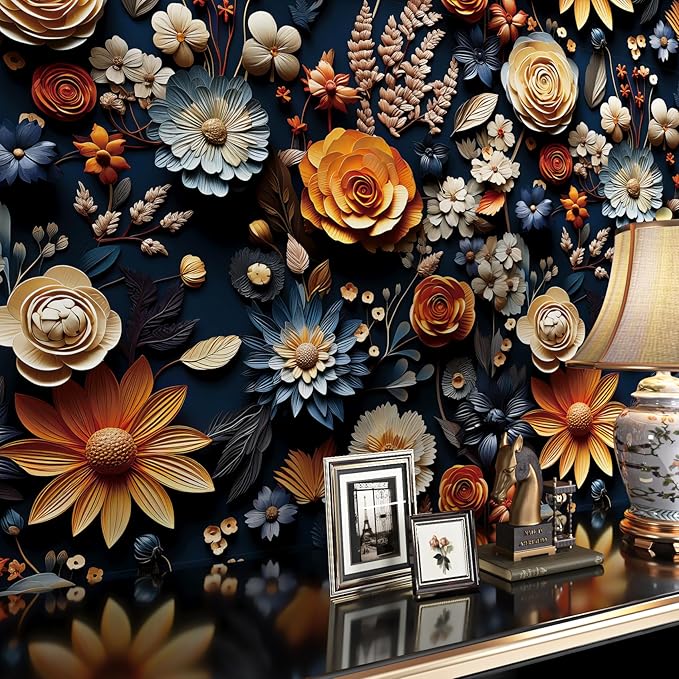 FunStick 17.5"x354" Vintage Dark Blue Floral Contact Paper for Walls Orange Deep Blue Floral Peel and Stick Wallpaper for Bedroom Bathroom Ceiling Waterproof Beige Daisy Roses Flower Wall Paper Mural