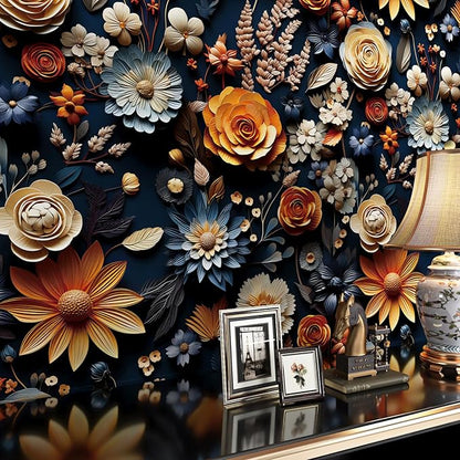 FunStick 17.5"x354" Vintage Dark Blue Floral Contact Paper for Walls Orange Deep Blue Floral Peel and Stick Wallpaper for Bedroom Bathroom Ceiling Waterproof Beige Daisy Roses Flower Wall Paper Mural