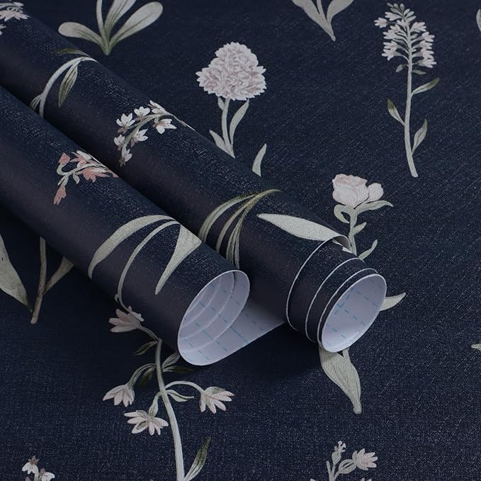 Wudnaye Dark Blue Peel and Stick Wallpaper Dark Floral Contact Paper 16.9in×118.1in Self Adhesive Flower and Leaf Contact Paper Blue Wallpaper White Vintage Removable Waterproof for Bathroom Room Wall
