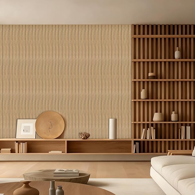 Peel and Stick Slat Wall Panel 118" x 15.7" – Self-Adhesive 3D Wood Grain Wall Panels, Waterproof PVC Fluted Paneling, Soundproof Faux Wood Wallpaper for Living Room Ceiling Decor (3 Rolls)