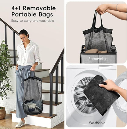 Laundry Hamper 4-Section with Lid, 185L Laundry Sorter with 4 Removable Bags + 1 Extra Large Bag, Switchable 3/4 Compartment, Laundry Basket Organizer for Bedroom, Laundry Room，Grey