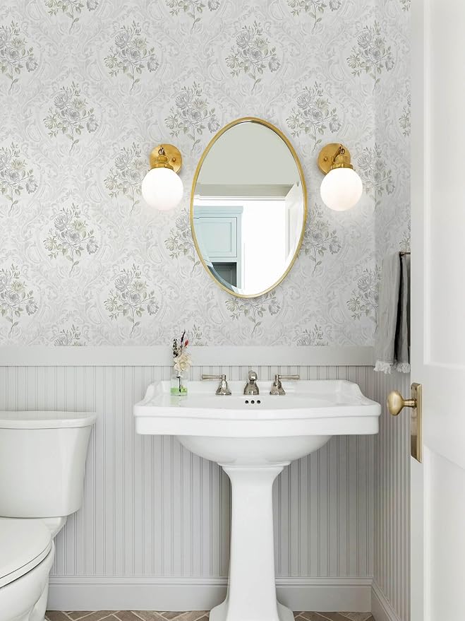 Ismoon Floral Peel and Stick Wallpaper Vintage White and Grey Contact Paper Boho Watercolor Damask Wallpaper Textured Removable Self Adhesive Vinyl Wall Paper for Bedroom, 17.3 in X 6.5 ft