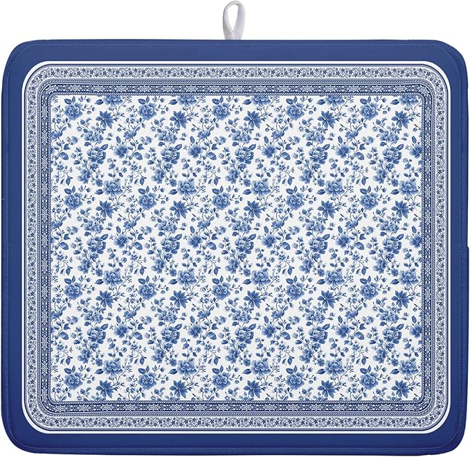 Blue Floral Branches Dish Drying Mat for Kitchen Counter Chinoiserie Pattern Dish Drying Pad 16”x18”Absorbent Vintage Flowers Decor Dishes Drainer Pad Dish Dry Rack Mat for Counter Coffee Bar