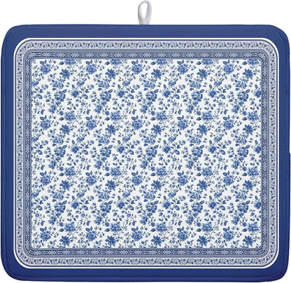 Blue Floral Branches Dish Drying Mat for Kitchen Counter Chinoiserie Pattern Dish Drying Pad 16”x18”Absorbent Vintage Flowers Decor Dishes Drainer Pad Dish Dry Rack Mat for Counter Coffee Bar