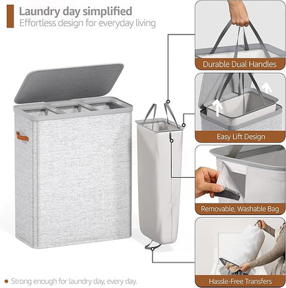 Sorbus Laundry Hamper with Lid - Collapsible 3-Compartment Fabric Laundry Basket with Handles and Removable Laundry Bag – 50 Gallon (190 L) Dirty Clothes Hamper for Bedroom, bathroom and dorm (Gray)