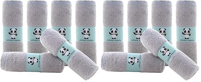 HIPHOP PANDA Baby Washcloths, Rayon Made from Bamboo - 2 Layer Ultra Soft Absorbent Newborn Bath Face Towel - Reusable Baby Wipes for Delicate Skin - Grey, 12 Pack