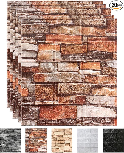 30 Pack 3D Wall Panels Peel and Stick, Waterproof Foam Stone 3D Wallpaper, Self Adhesive Foam Wallpaper for Bedroom Bathroom Kitchen (13.7 * 15.1in)