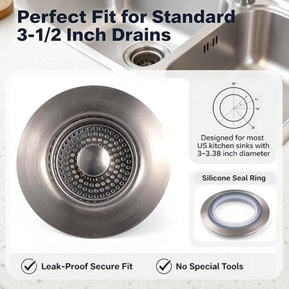 VANCOCO Kitchen Sink Drain Strainer 3-in-1 Pop Up Design, 304 Stainless Steel with Anti-Clog & Odor Control, Standard 3-1/2 Inch Drain Fit Drain Hole