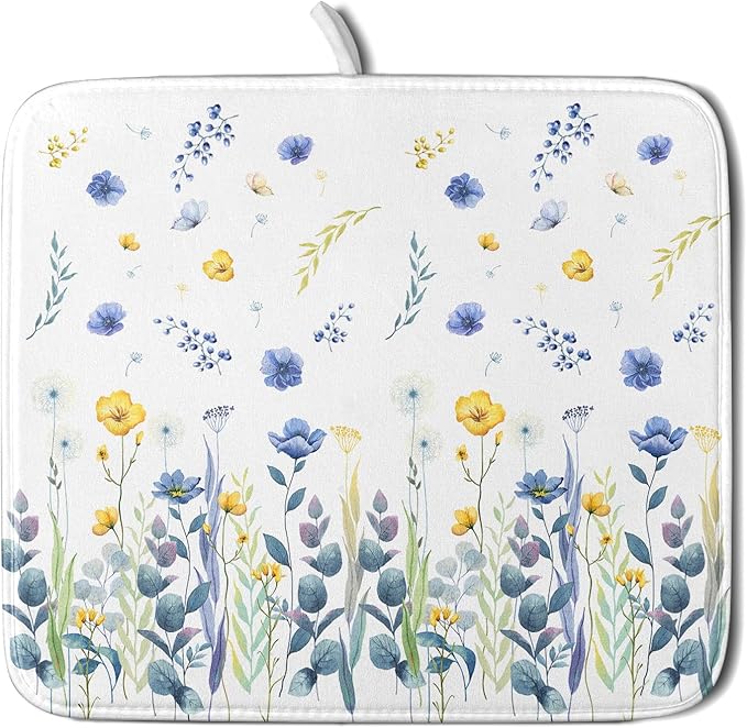 Floral Dish Drying Mat for Kitchen Counter 18x16 Inch Yellow Purple Flower Drying Mat with Absorbent Reversible Microfiber Season Spring Dish Drainer Mats Rack Pad for Coffee Countertop Protector