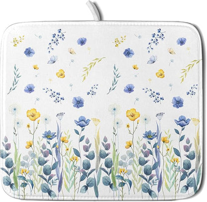 Floral Dish Drying Mat for Kitchen Counter 18x16 Inch Yellow Purple Flower Drying Mat with Absorbent Reversible Microfiber Season Spring Dish Drainer Mats Rack Pad for Coffee Countertop Protector