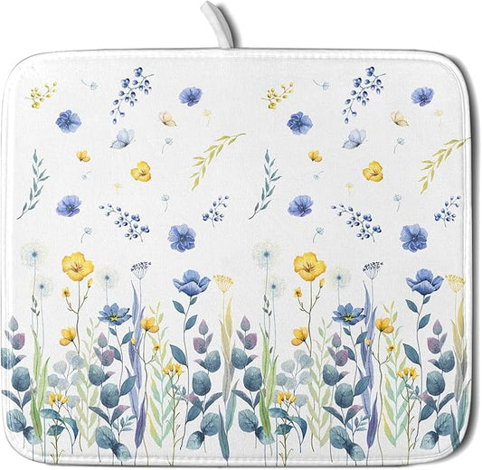 Floral Dish Drying Mat for Kitchen Counter 18x16 Inch Yellow Purple Flower Drying Mat with Absorbent Reversible Microfiber Season Spring Dish Drainer Mats Rack Pad for Coffee Countertop Protector