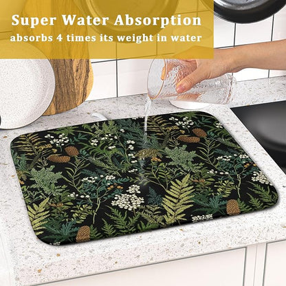 Green Plant Fern Leaves Floral Dish Drying Pad 16 x 18 Inch With Absorbent Reversible Microfiber Black Flower Botanical Leaf Vintage Drying Mats Dish Drainer Mat Fast Dry For Kitchen Dining Room