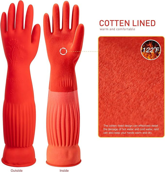 ThxToms Rubber Dishwashing Cleaning Gloves (2-Pair) - Soft Fleece Lining, Reusable, Waterproof with Extra-Long Cuff & Non-Slip Grip for Household & Kitchen Use - Medium