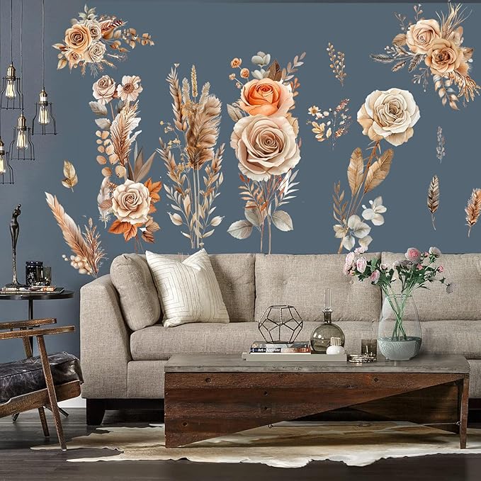 Boho Flower Wall Stickers Wildflower Floral Grass Peel and Stick Wall Stickers Living Room Bedroom Nursery Wall Decor (Orange)
