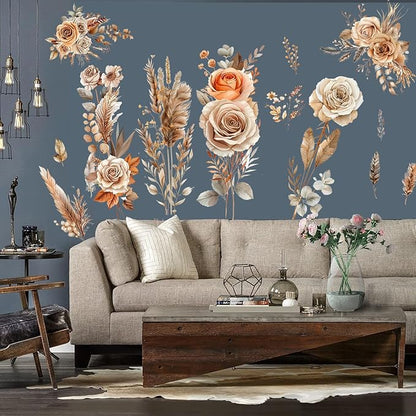 Boho Flower Wall Stickers Wildflower Floral Grass Peel and Stick Wall Stickers Living Room Bedroom Nursery Wall Decor (Orange)