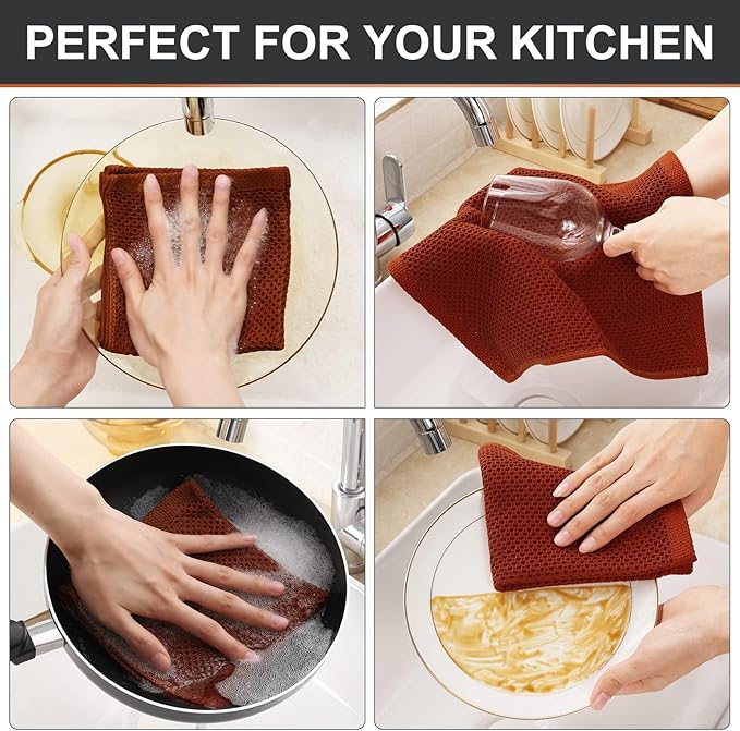 Kitinjoy 100% Cotton Kitchen Dish Cloths (12 X 12 Inches, Rust), 8 Pack Waffle Weave Ultra Soft Absorbent Dish Towels for Drying Dishes Quick Drying Kitchen Towels Dish Rags