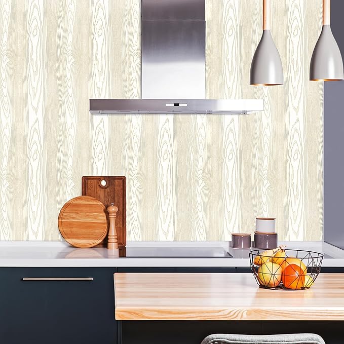 Yun-aeon Beige and Gold Wood Contact Paper 17.3"x400" Rustic Wooden Peel and Stick Wallpaper Removable Self-Adhesive Wallpaper Wood Grain Contact Paper for Countertops Cabinets