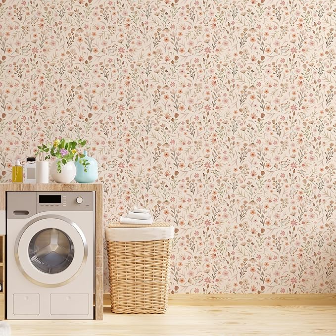 Kazova Boho Wildflower Wallpaper Peel and Stick Floral Contact Paper Waterproof Self Adhesive Vinyl for Bedroom Wall Decor Drawers Cabinet Shelf Liner（4 Sheets）