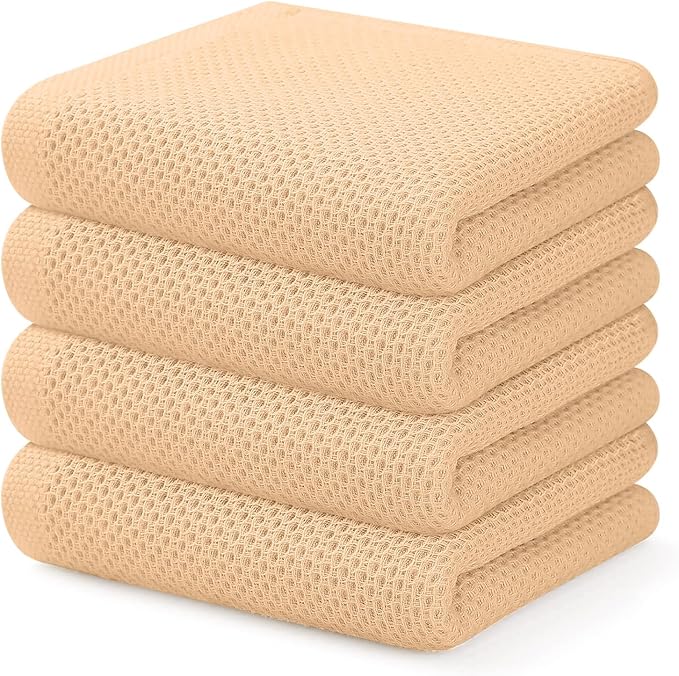 Kitinjoy 100% Cotton Waffle Weave Kitchen Hand Towels (13 X 28 Inches, Apricot), 4-Pack Super Soft and Absorbent Dish Towel for Drying Dishes