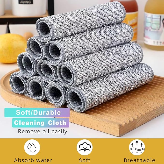 6 Pcs New Upgrade 2-Layer Non Scratch Wire Dishcloth，Super Absorbent Bamboo Charcoal Dish Cloths，Multipurpose Wire Dishwashing Rags for Wet and Dry，Wire Washing Cloth for Dishes, Stove Tops
