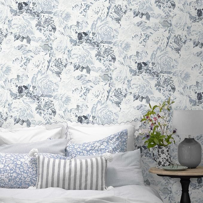 Dimoon 197"x17.3" Floral Peel and Stick Wallpaper Boho Blue White Contact Paper Flower Removable Wallpaper Renter Friendly Kitchen Wall Paper Shelf Liner Bathroom Self Adhesive Vintage Thicken Vinyl