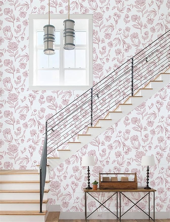 Timeet Floral Peel and Stick Wallpaper Pink and White Wallpaper Removable Self-Adhesive Contact Paper for Bedroom Bathroom Vintage Wall Paper for Walls Covering 17In×393.7In