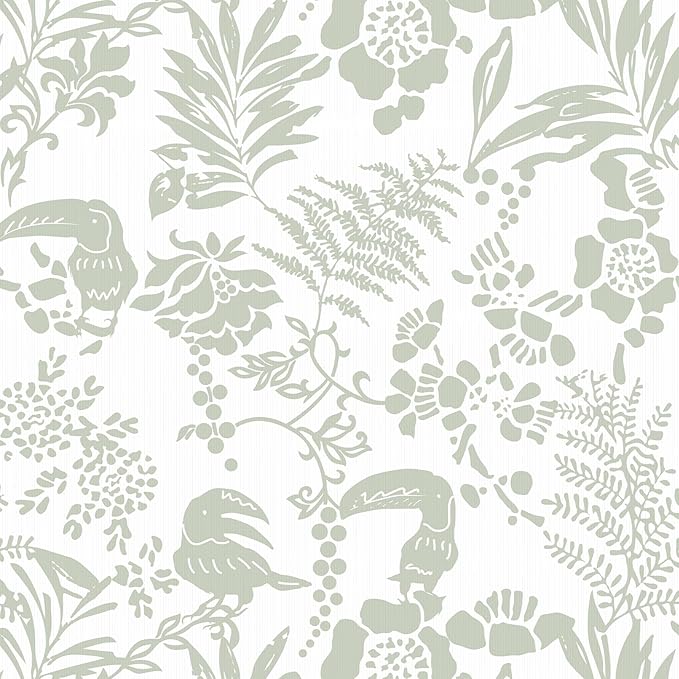 Tropical Botanical Peel and Stick Wallpaper – Green Floral Birds Removable Wallpaper for Bedroom Living Room, Self Adhesive Home Decor, Waterproof Repositionable Wall Covering,17"x120"
