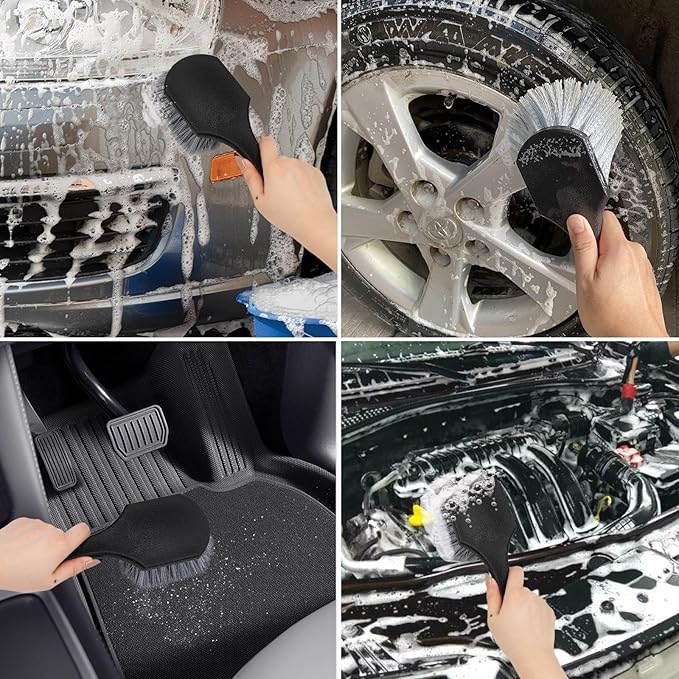 3Pcs Wheel Rim Tire Carpet Cleaning Brush Set, Soft and Stiff Bristle Wash Cleaning Supplies Kit for Car All Exterior Surface and Car Interior Cleaning Brush for Car Truck Motorcycle