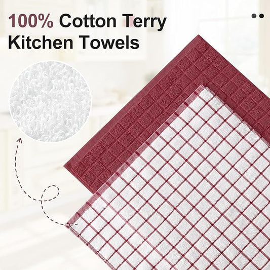 Homaxy Premium Cotton Kitchen Towels 16"x 28", Large Natural Ring Spun 390 GSM Dish Towels, Super Absorbent Terry Kitchen Hand Towels, Soft Tea Towels with Hanging Loop, Red Check Design, 8 Pack