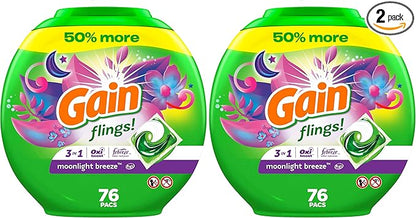 Gain Laundry Detergent Pacs, Moonlight Breeze | HE Compatible | Long Lasting Scent | 76 Count | Pack of 2