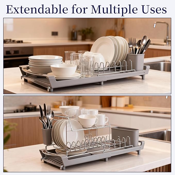 Dish Drying Rack Compact Expandable - A Space-Saving, Stainless Steel, Rust-Resistant Dish Drainer for Kitchen and Apartment Countertops/Sink Cabinets, Extendable from 11.42 to 19.9 inches (Gray)
