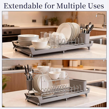 Dish Drying Rack Compact Expandable - A Space-Saving, Stainless Steel, Rust-Resistant Dish Drainer for Kitchen and Apartment Countertops/Sink Cabinets, Extendable from 11.42 to 19.9 inches (Gray)
