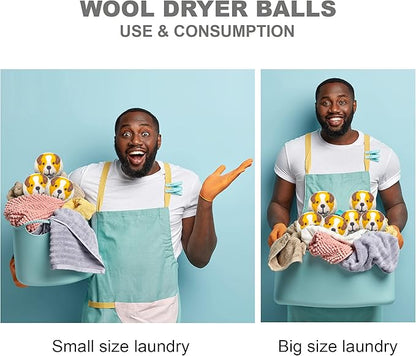 Wool Dryer Balls Organic Felt Laundry Fabric Softener XL Reusable Handmade Natural New Zealand Sheep Wool Lint Wrinkle Free Anti Static Clothes 6-Pack (Yellow Dog)