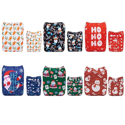 ALVABABY Christmas Baby Cloth Diaper 6 Pack with 12 Inserts One Size Cloth Diaper Covers Adjustable Washable Reusable for Baby Girls and Boys
