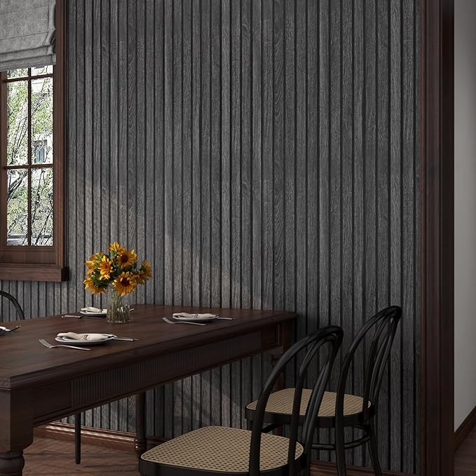 FunStick Black Slats Wood Wallpaper Peel and Stick Wood Contact Paper for Cabinets Peel & Stick Wood Slats Wallpaper for Wall Decor Waterproof Removable Wood Wallpaper for Bedroom Countertops 12"x200"