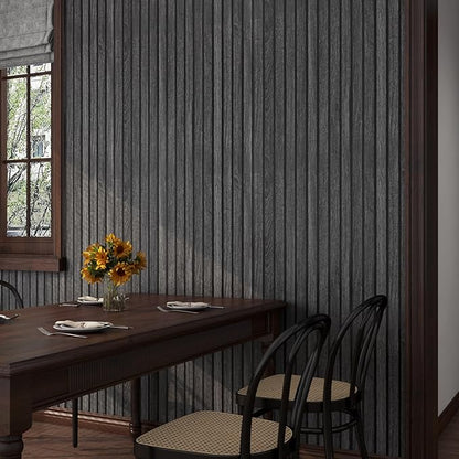 FunStick Black Slats Wood Wallpaper Peel and Stick Wood Contact Paper for Cabinets Peel & Stick Wood Slats Wallpaper for Wall Decor Waterproof Removable Wood Wallpaper for Bedroom Countertops 12"x200"