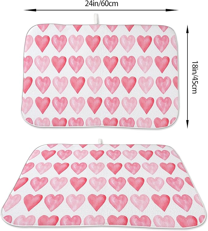 Valentine's Dish Drying Mat 18x24 Inches For Kitchen Counter Absorbent Pink Love Heart Kitchen Mother's Day Anniversary Wedding Drying Mat Pad For Home Kitchen,Dining Room,Office Decoration