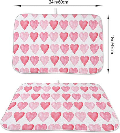 Valentine's Dish Drying Mat 18x24 Inches For Kitchen Counter Absorbent Pink Love Heart Kitchen Mother's Day Anniversary Wedding Drying Mat Pad For Home Kitchen,Dining Room,Office Decoration