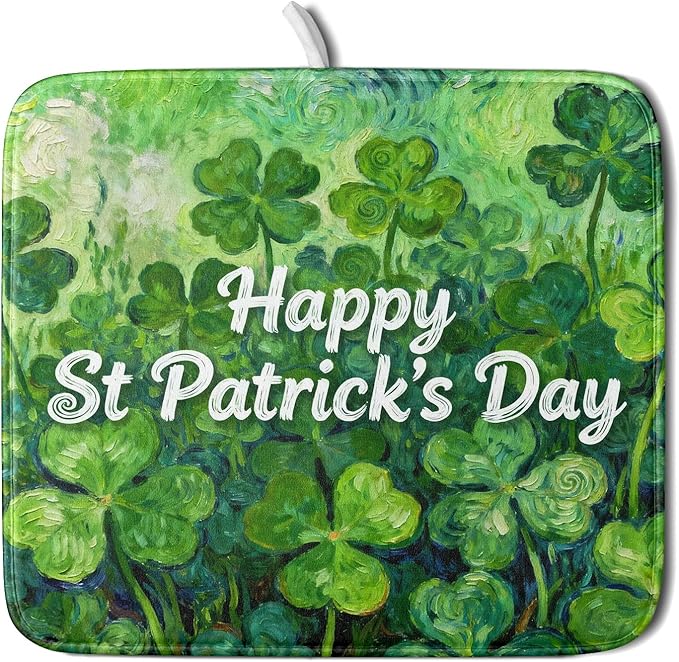 St Patricks Day Lucky Clover Dish Drying Mat for Kitchen Counter 16x18 Green Shamrock Happy Holiday Theme Absorbent Reversible Microfiber Drying Mats Kitchen Countertop Protector Dishes Drainer Pad