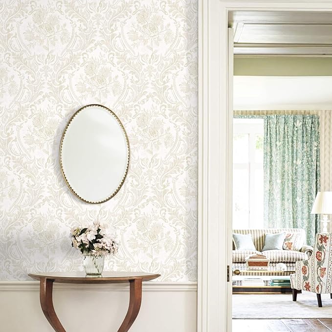 Ismoon Floral Peel and Stick Wallpaper Vintage Beige Contact Paper Boho Watercolor Damask Wall Paper Textured Removable Self Adhesive Vinyl Wallpaper for Cabinet Bedroom Wall Decor, 17.3x393in