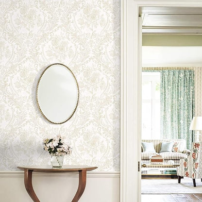 Ismoon Floral Peel and Stick Wallpaper Vintage Beige Contact Paper Boho Watercolor Damask Wall Paper Textured Removable Self Adhesive Vinyl Wallpaper for Cabinet Bedroom Wall Decor, 17.3 in X 6.5 ft